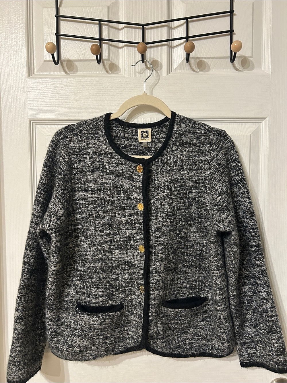 Anne Klein marled black and white textured knit cardigan sweater